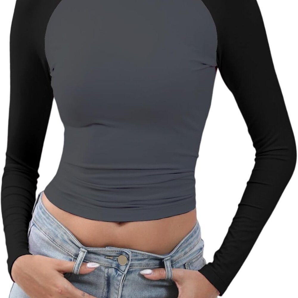Abardsion Women's Long Sleeve Shirts Y2K Slim Fit Stretchy Slightly Crop Tops
